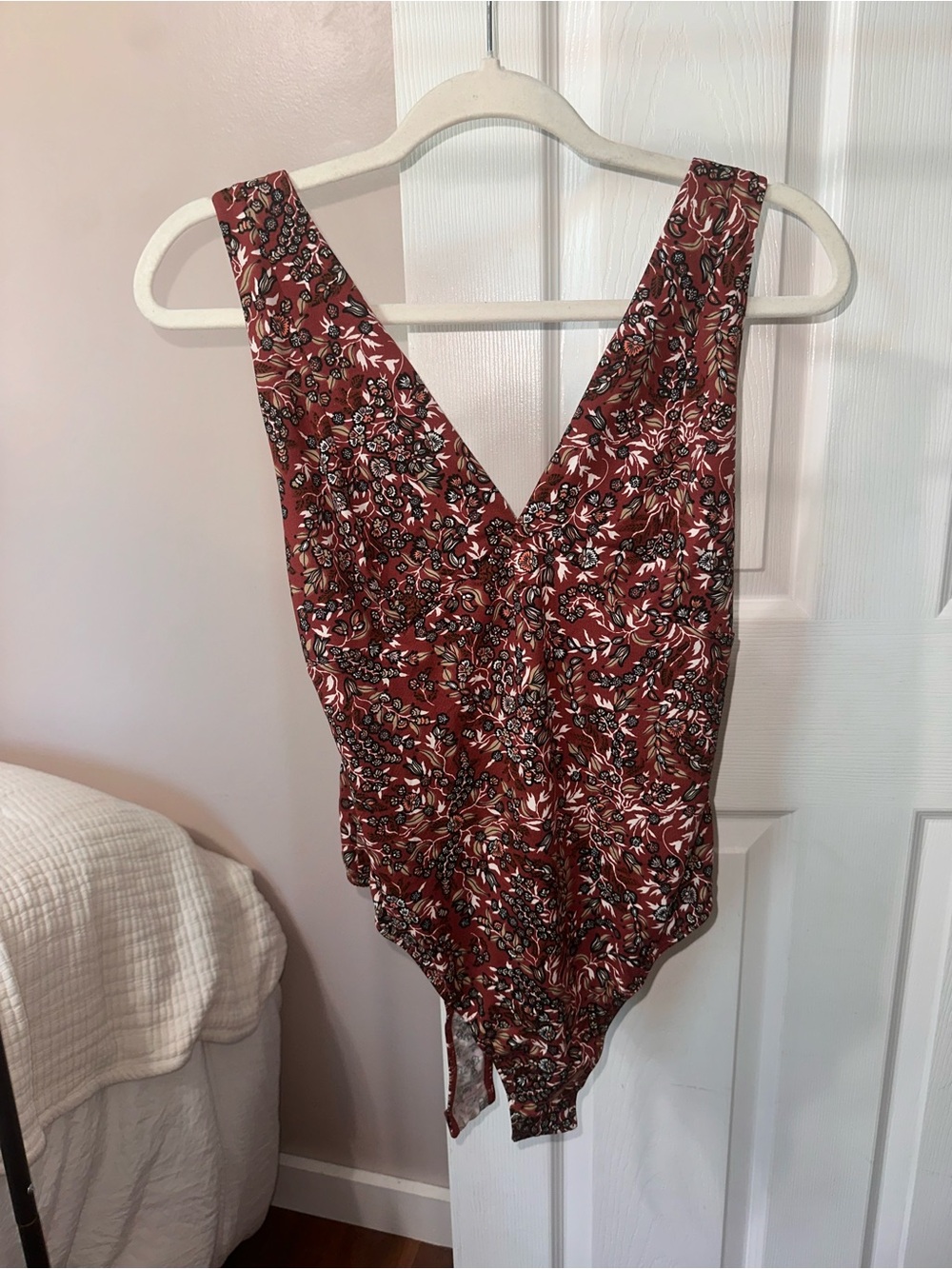 Lulu's Red Floral V-Neck Sleeveless Bodysuit